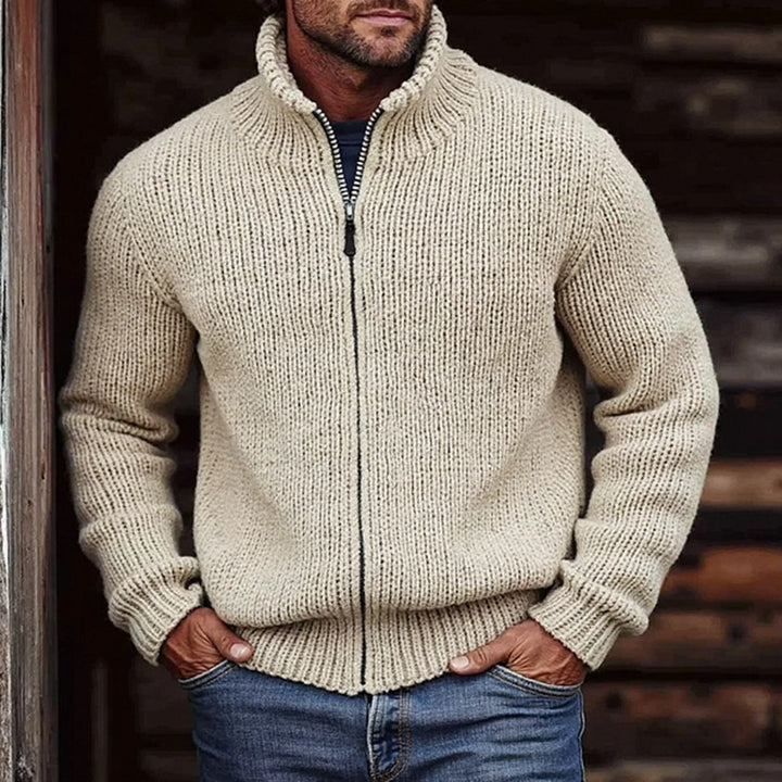 Men's chunky knit cardigan with stand-up collar and continuous zipper Mune Fashion