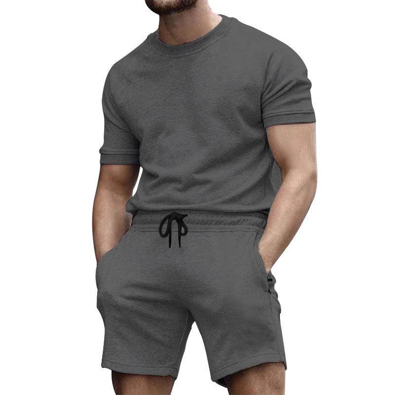 Men's short-sleeve sweat set made of soft sweatshirt fabric with a round neck shirt and drawstring shorts Mune Fashion