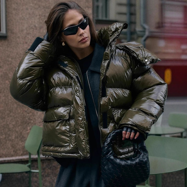 Women's padded short jacket with high-gloss finish, oversized cut, and hood Mune Fashion