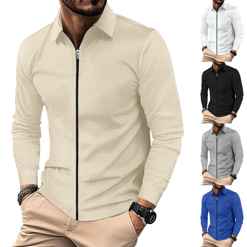 Men's structured long-sleeve polo in waffle knit with shirt collar and narrow shoulder section Mune Fashion