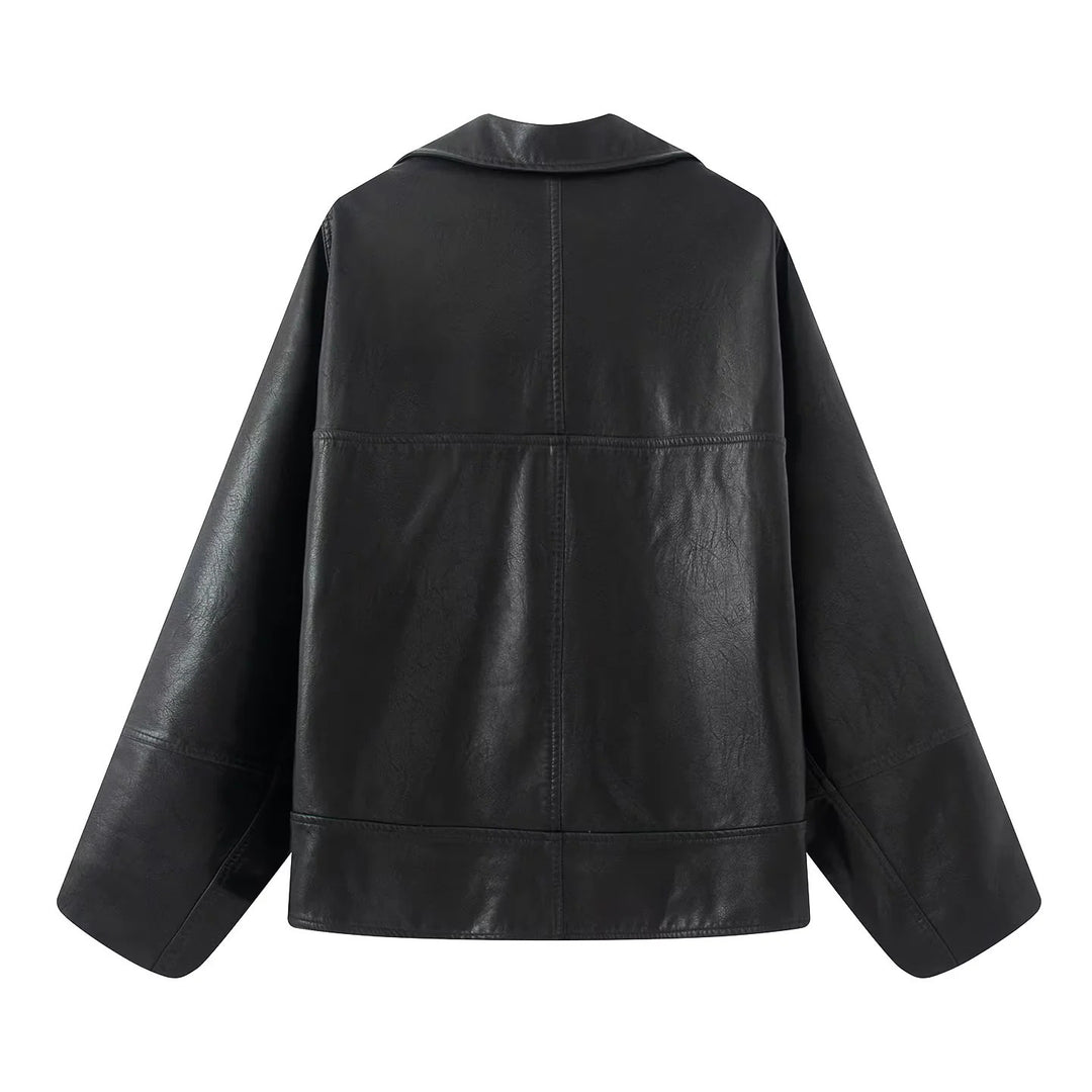 Ladies nan kastiger leather imitation blouson with overlapping shawl collar and diagonally inserted pockets Mune Fashion