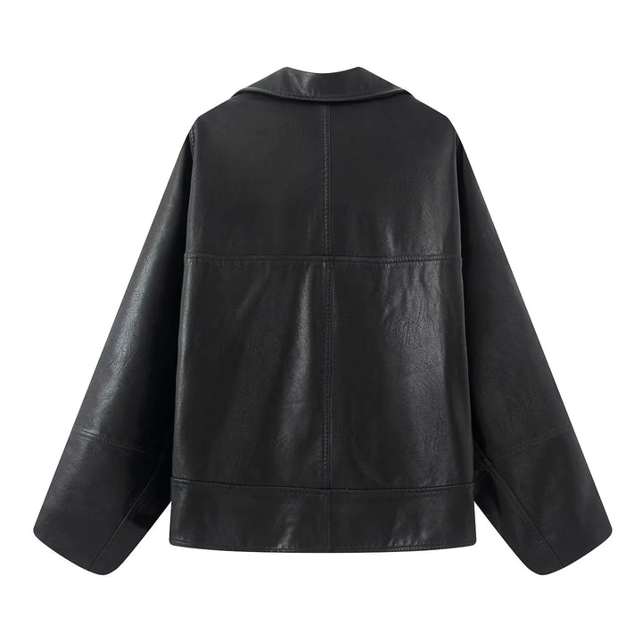 Ladies nan kastiger leather imitation blouson with overlapping shawl collar and diagonally inserted pockets Mune Fashion
