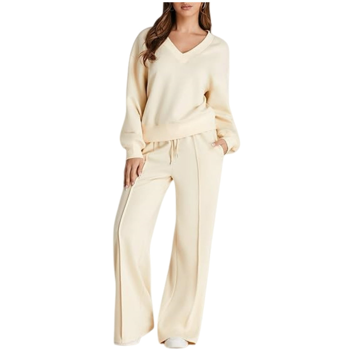 Women's Casual V-Neck Leisure Set with Wide Jogging Pants Mune Fashion