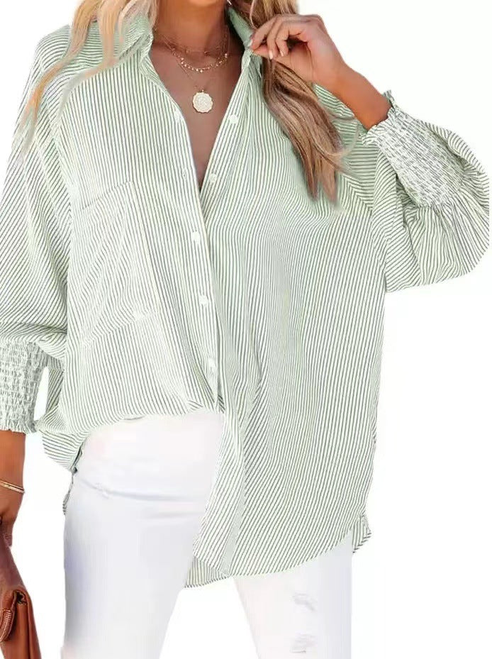 Women's loose fit striped blouse with shirt collar and gathered cuffs Mune Fashion