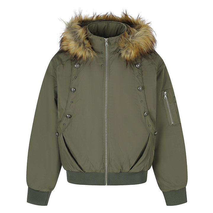 Women's short-cut bomber jacket with faux fur hood and eyelet application Mune Fashion