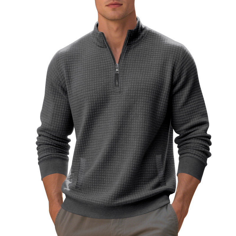 Men's waffle knit half-zip pullover with stand-up collar, kangaroo pocket & ribbed finishes Mune Fashion