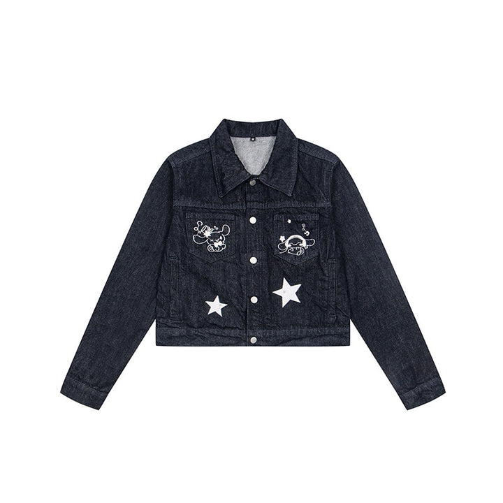 Women Short Cropped Denim Jacket with Star Applications and Cartoon Embroideries Mune Fashion