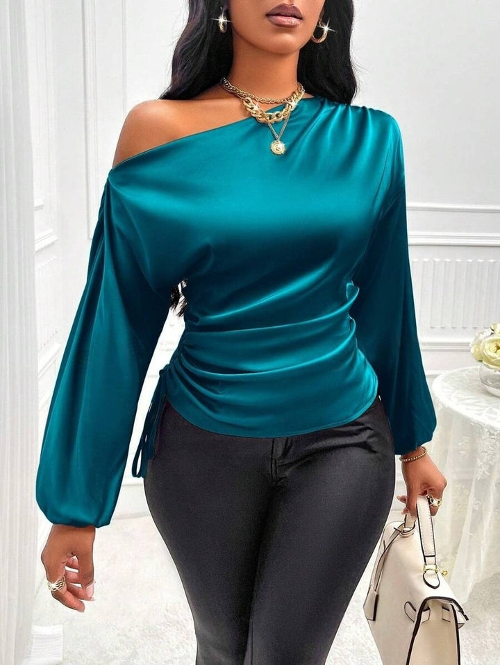 Women's satin blouse with asymmetric off-the-shoulder neckline and wide batwing sleeves Drune