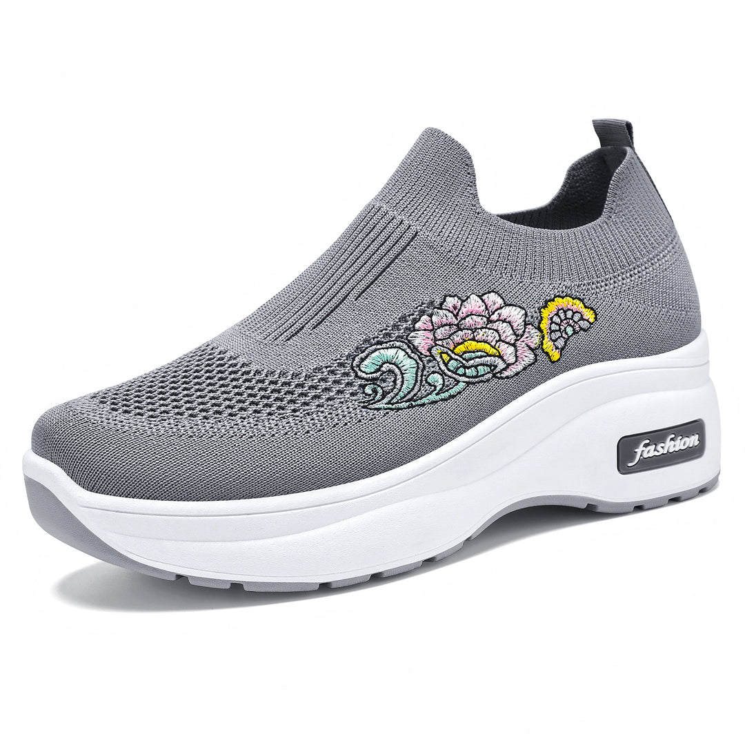 Women's elastic knitted slip-on with embroidered floral motif and supportive wedge outsole Mune Fashion