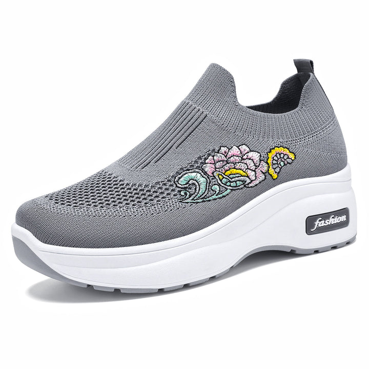 Women's elastic knitted slip-on with embroidered floral motif and supportive wedge outsole Mune Fashion
