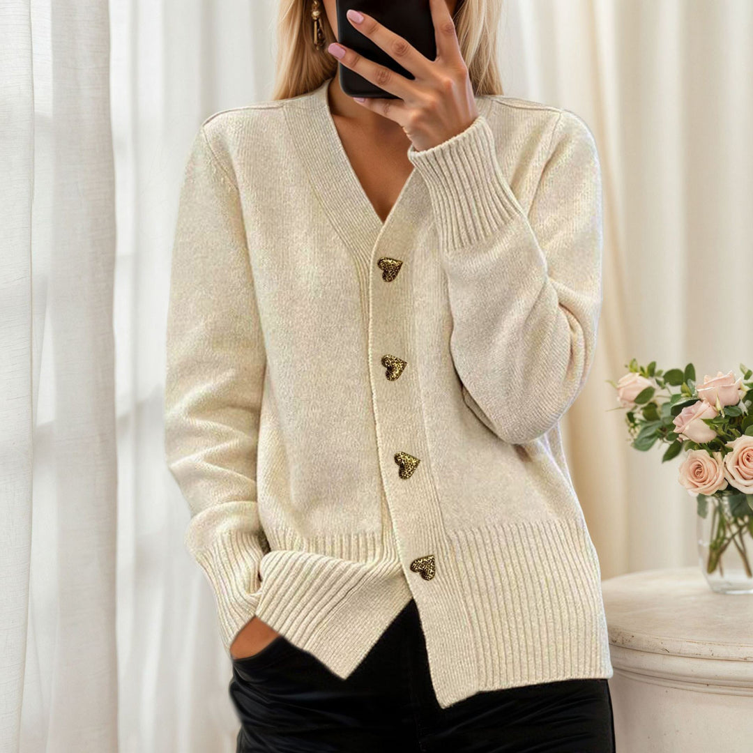 Women's loose knit cardigan with heart buttons and ribbed hem Mune Fashion