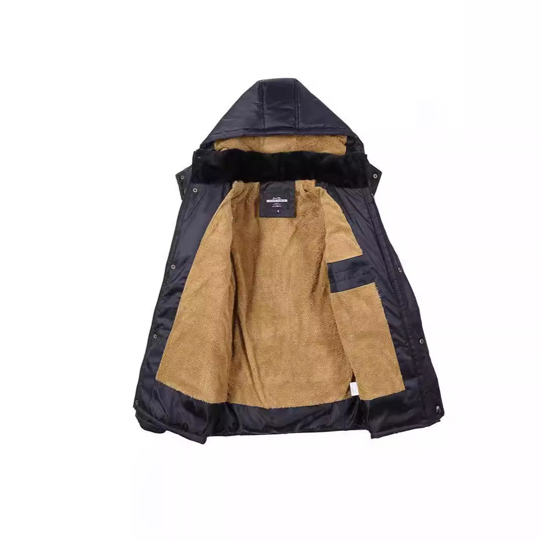 Men's Long Thermal Insulated Quilted Parka with Teddy Lining, Hood, and Flap Pockets