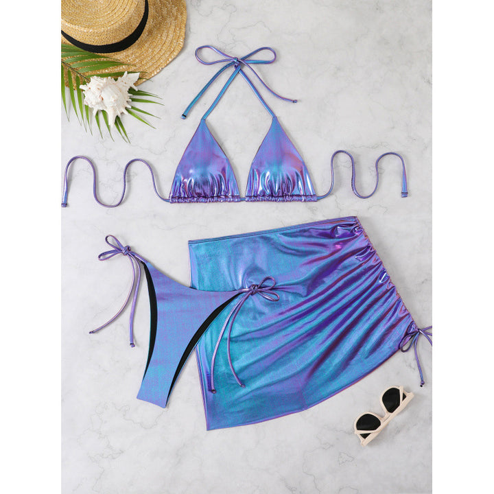 Women's Shiny Triangle Bikini Set with Wrap Skirt Mune Fashion