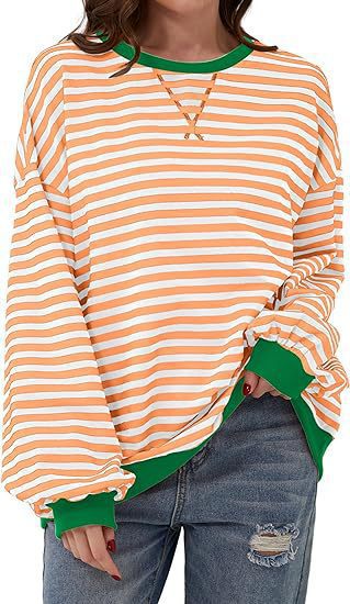Women Casual Oversized Stripe Sweatshirt with Raglan Sleeves and Contrast Cuffs Drune
