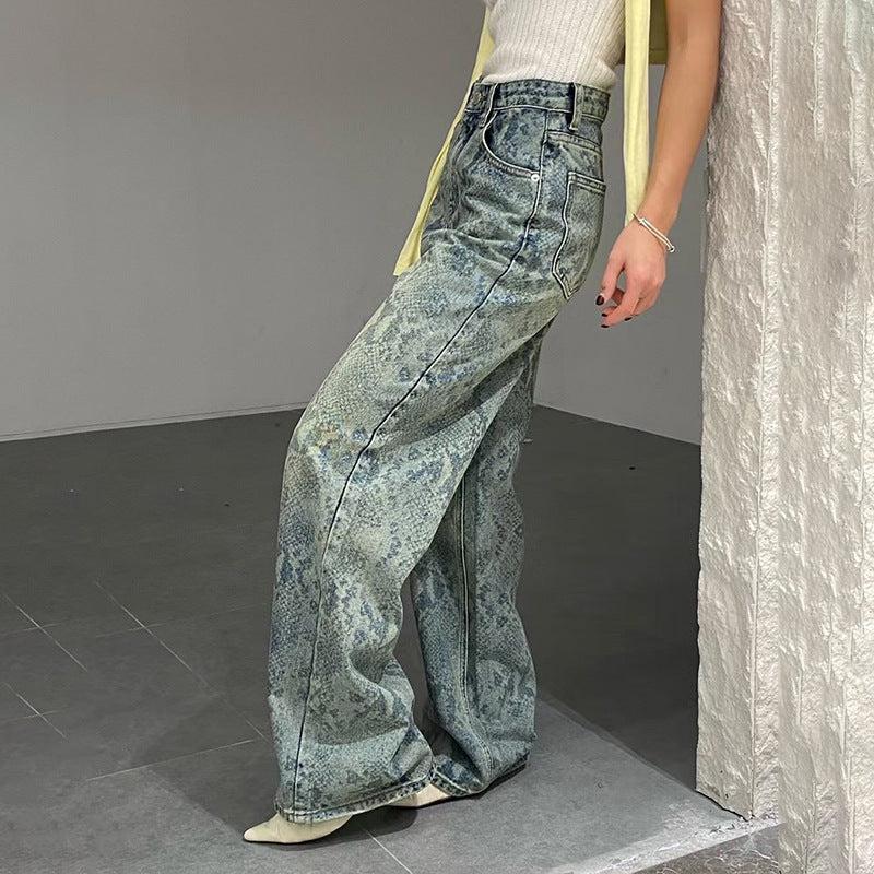 Women's high-waisted jeans with snake print, wide leg and straight cut Mune Fashion