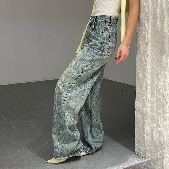 Women's high-waisted jeans with snake print, wide leg and straight cut Mune Fashion