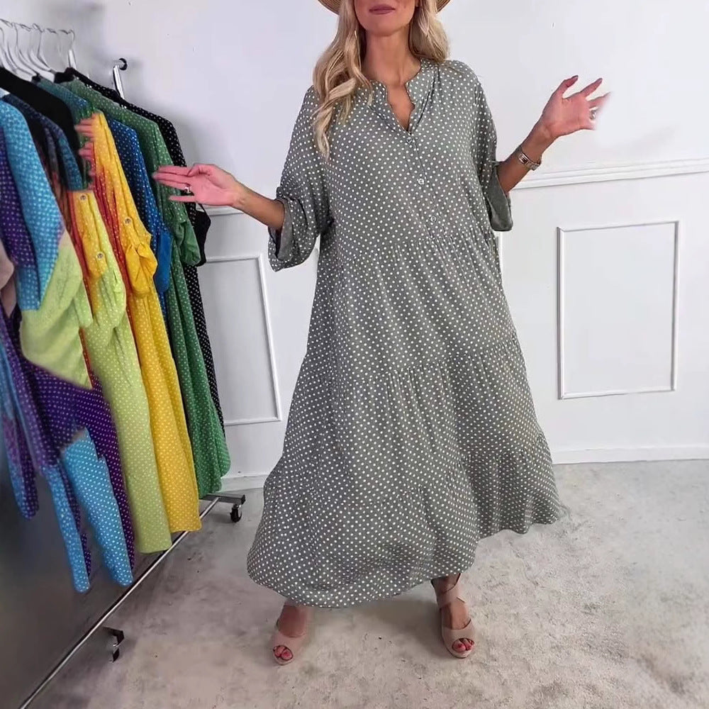 Ladies casual tiered midi dress with stand-up collar, concealed button placket and three-quarter sleeves Mune Fashion