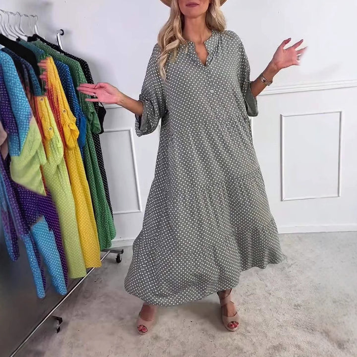 Ladies casual tiered midi dress with stand-up collar, concealed button placket and three-quarter sleeves Mune Fashion