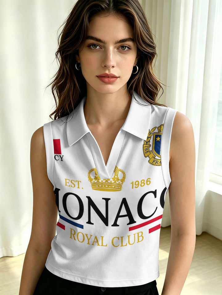 Women's sleeveless polo shirt crop top with V-neck, classic collar, and patriotic print Mune Fashion