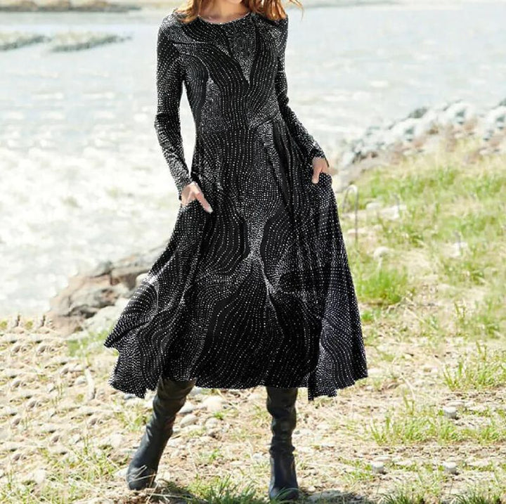 Women's Boho Maxi Dress with tailored empire waist, long sleeves, and side pockets Mune Fashion