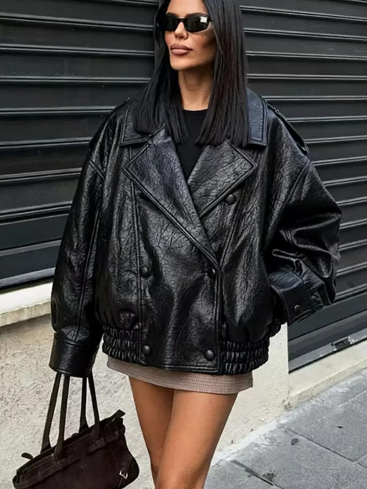Women's Oversize Faux Leather Blouson with Double-Breasted Button Placket, Wide Lapels, and Elastic Hem Mune Fashion
