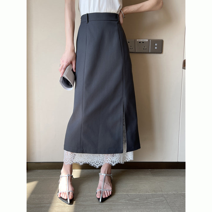 Women's Elegant Maxi Skirt with High Slit and Lace Trim Mune Fashion