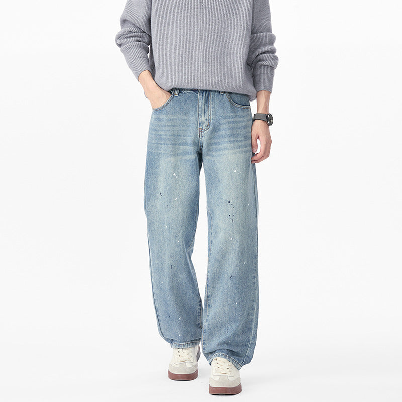 Men's Relaxed-Fit Denim Pants with Paint-Splatter and Straight Leg Mune Fashion