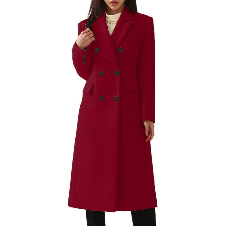 Women's longer double-breasted wool blend coat with lapel collar and patch pockets Mune Fashion