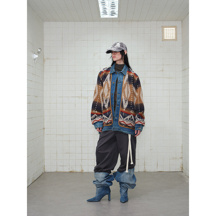 Unisex Loose-Fitting Jacquard Liner Jacket with Denim Trim and Graphic Ethno Pattern Mune Fashion