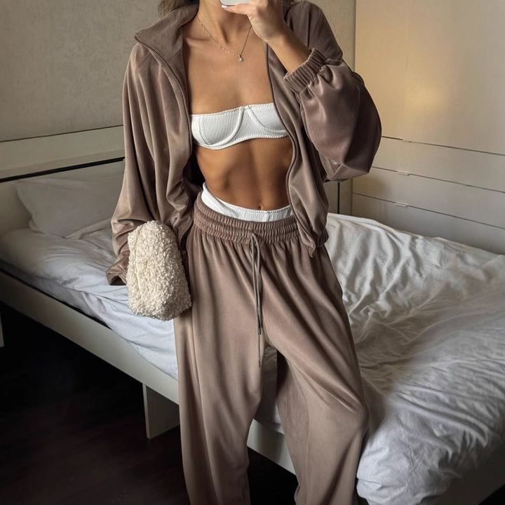 Women's Casual Lounge Two-Piece Set with Oversized Zip Jacket and Wide Leg Pants Mune Fashion