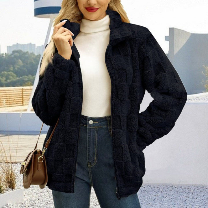 Women's teddy jacket with check structure, stand-up collar and zipper Mune Fashion