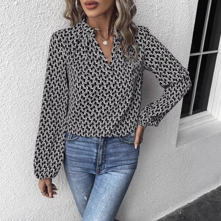 Ladies Printed Viscose Blouse with Stand Collar and Balloon Sleeves Drune