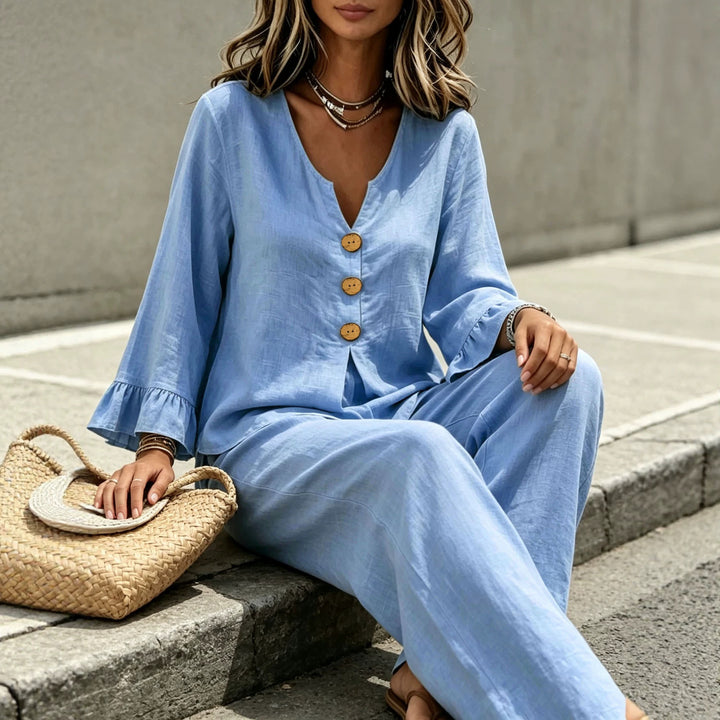 Women Linen Look Loungewear Set with V-Neck Wooden Button Placket and Bell Sleeves Mune Fashion