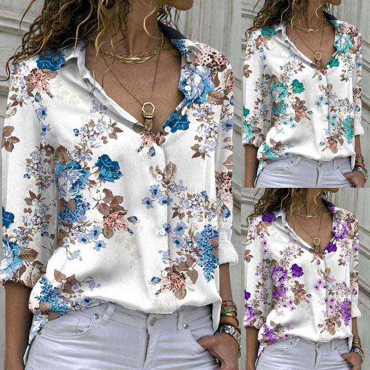 Women's loose shirt blouse with floral print and rolled sleeves Mune Fashion