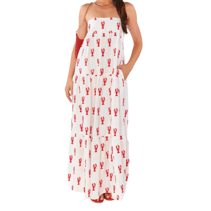 Women's strapless bandeau maxi dress with tiered ruffle skirt and maritime lobster motif Mune Fashion
