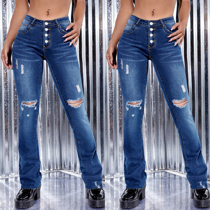 Women high-waisted button-front bootcut jeans with sculpting waistband and distressed knee rips Mune Fashion