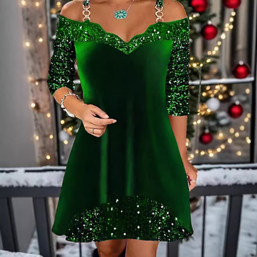 Women's off-shoulder sequin swing dress with delicate chain straps, elbow-length sleeves, and ruffle trim Mune Fashion