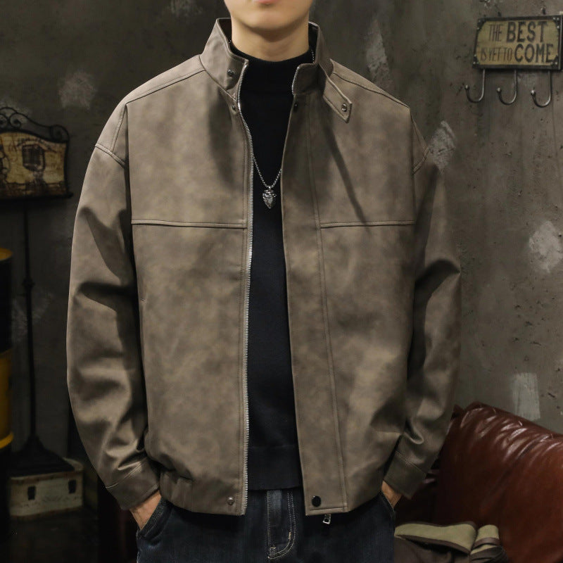 Men's Boxy Leather-Look Blouson with concealed zipper placket, stand collar, and elastic waistband Mune Fashion