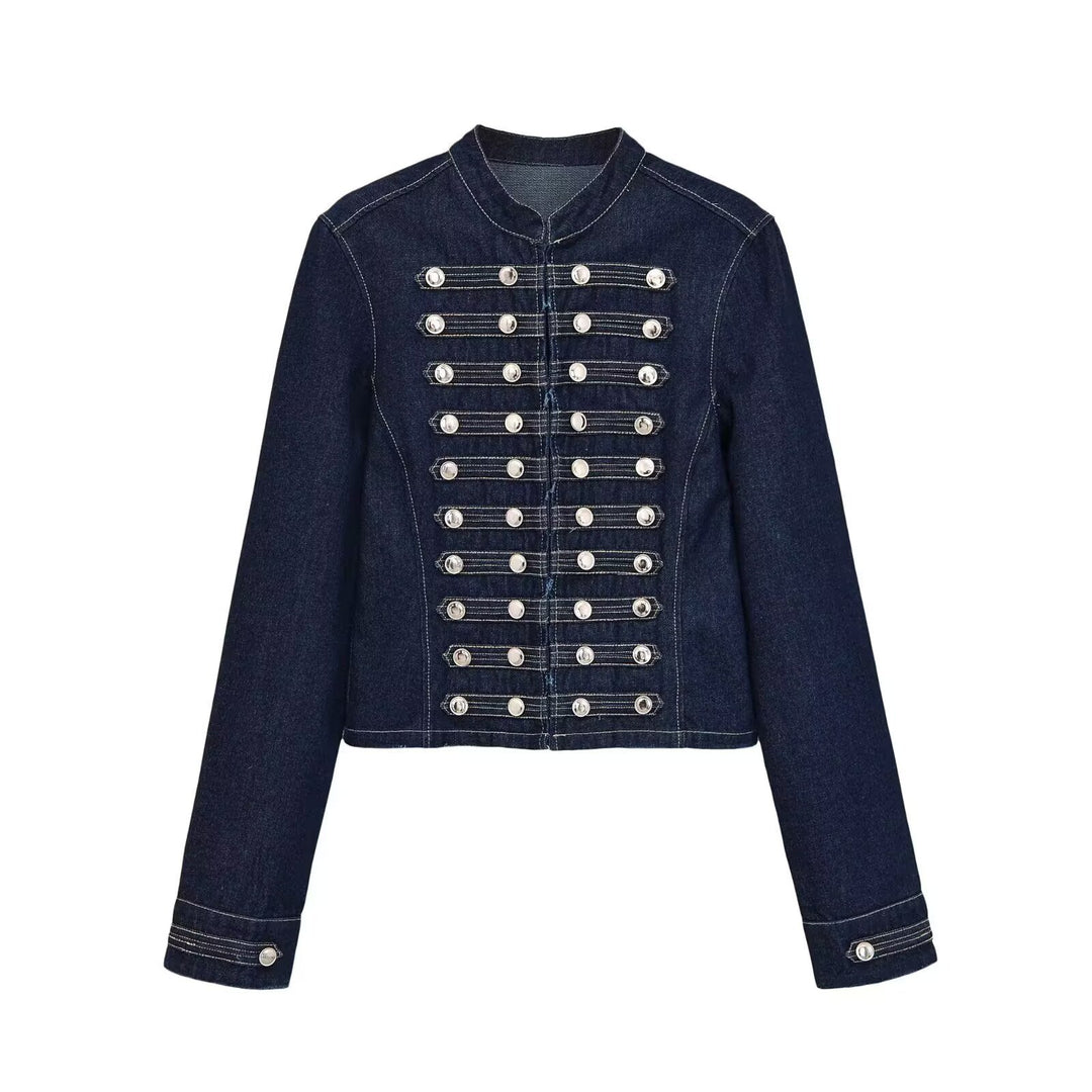 Women's military-style jeans jacket with stand-up collar and decorative button plackets Mune Fashion