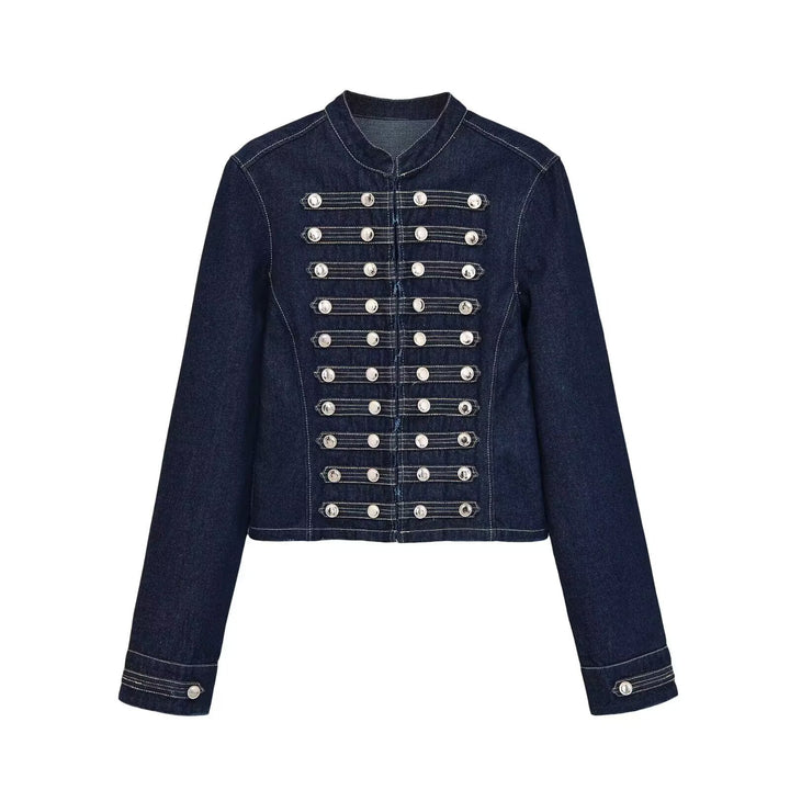 Women's military-style jeans jacket with stand-up collar and decorative button plackets Mune Fashion
