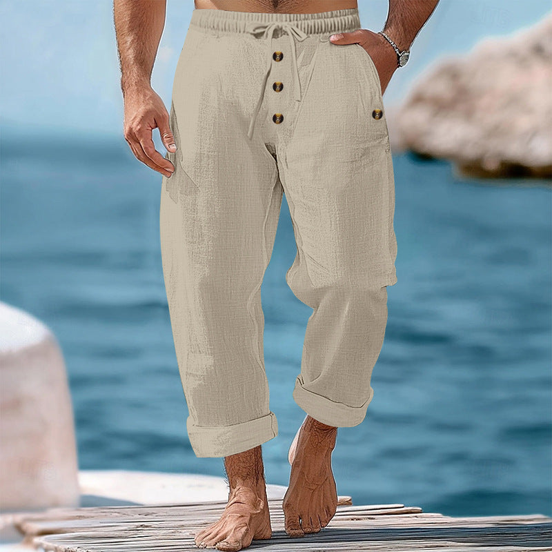 Men's casual linen-cotton pants with elastic waistband, drawstring, and rolled-up hem Mune Fashion