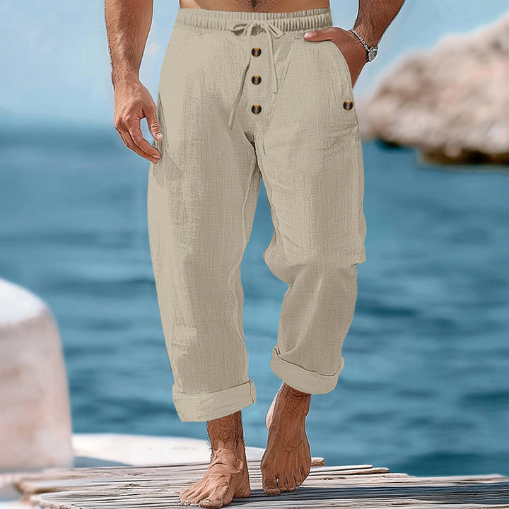 Men's casual linen-cotton pants with elastic waistband, drawstring, and rolled-up hem Mune Fashion