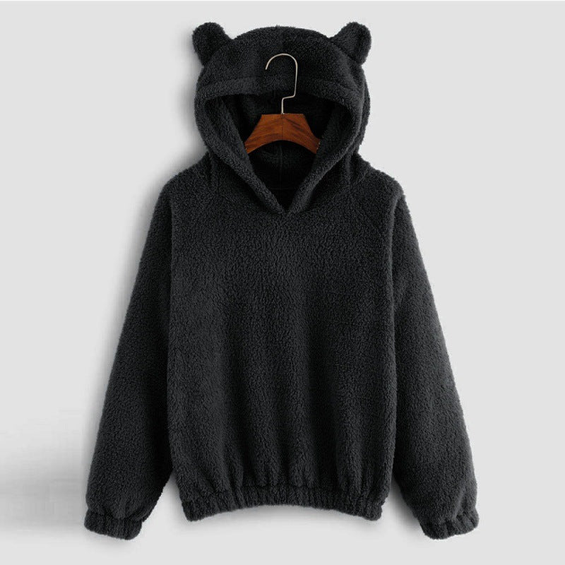 Women's Cozy Teddy Hooded Sweater with Bear Ears and Drawstring Hem Mune Fashion