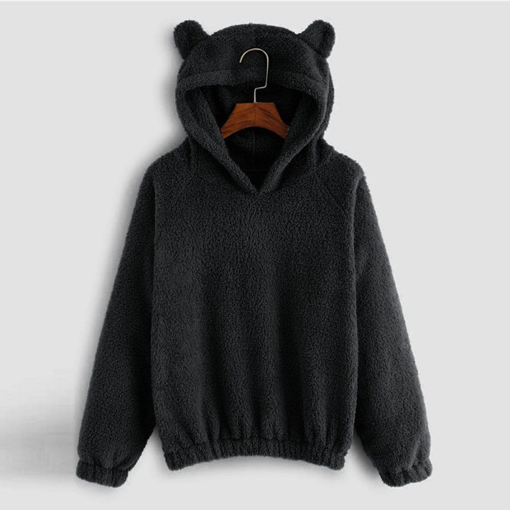 Women's Cozy Teddy Hooded Sweater with Bear Ears and Drawstring Hem Mune Fashion