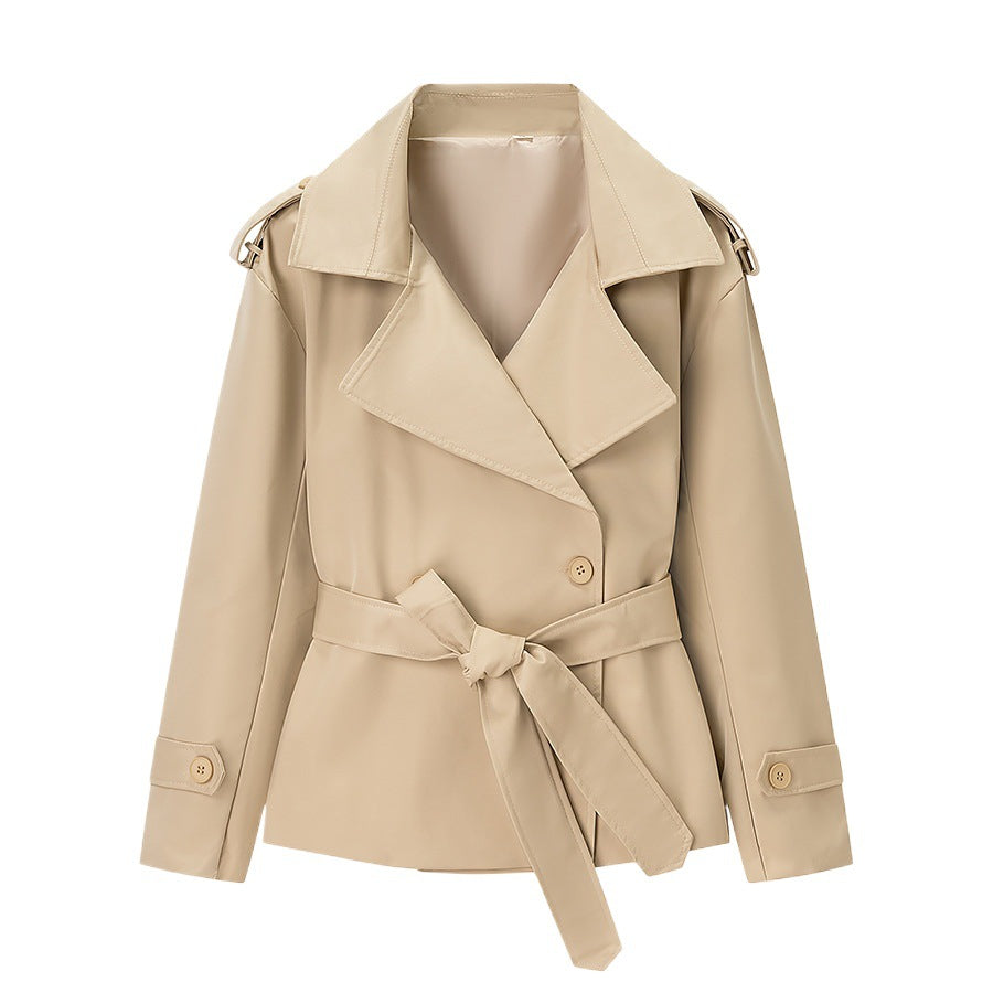 Women Short Trench Coat with dropped shoulders, large lapel collar and wrap belt Mune Fashion