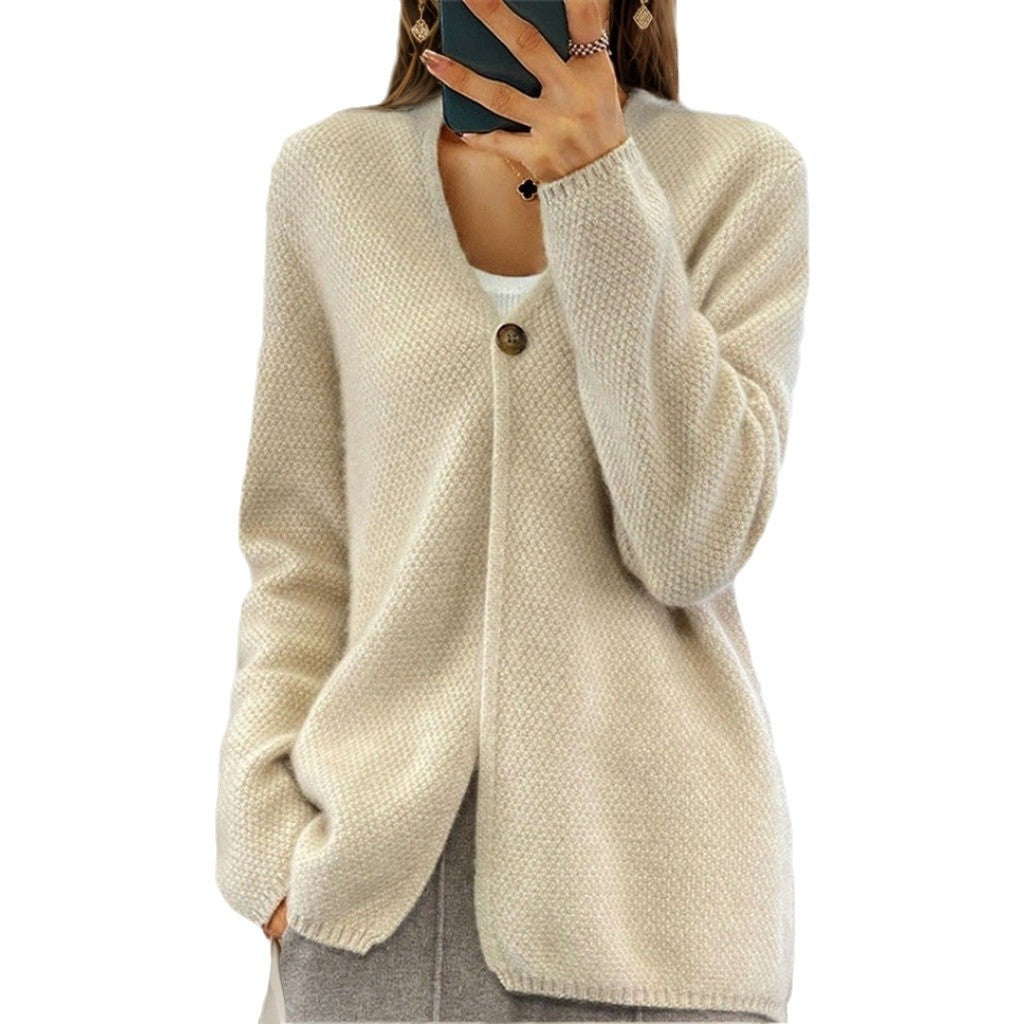 Women's cardigan made of cashmere-like structured knit with single-button closure and hip-covering fit Mune Fashion