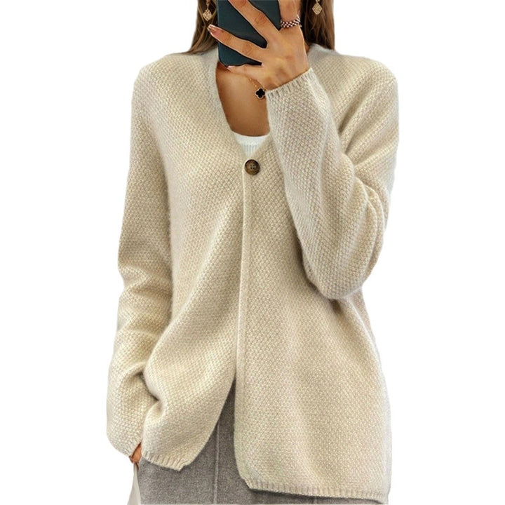 Women's cardigan made of cashmere-like structured knit with single-button closure and hip-covering fit Mune Fashion