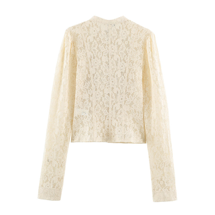 Ladies short jacket made of floral lace with mandarin collar and decorative straps Drune