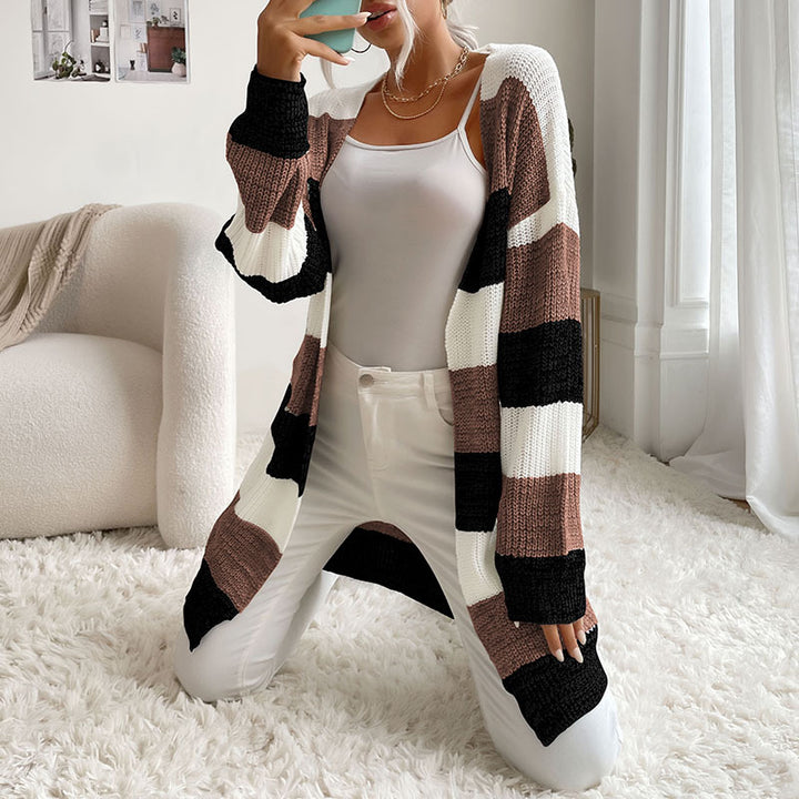 Women's Long Oversized Knit Cardigan with Block Stripes and Open Front Mune Fashion