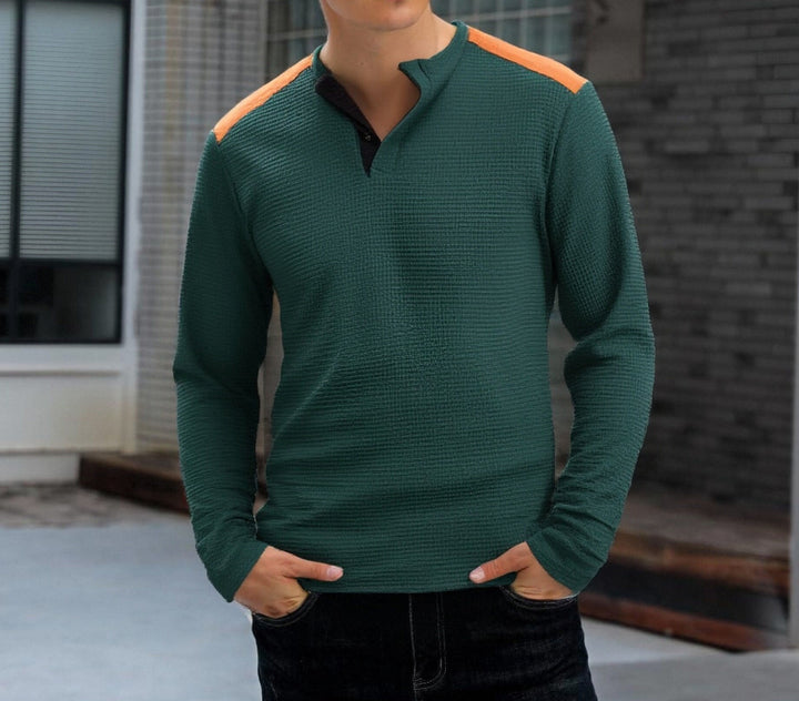 Men's structured Henley long-sleeve shirt with stand-up collar, shoulder piping, and waffle structure Mune Fashion